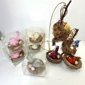 Vintage Easter Feather Birds Nest Set Twig Nest Spring Decor Cottage Lot of 9